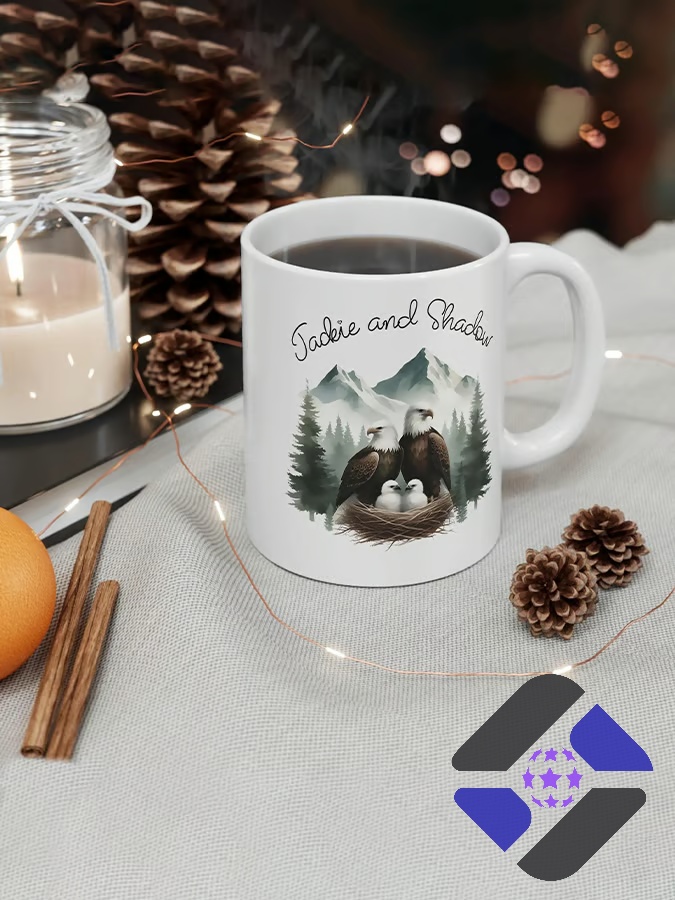 Eagles Family Jackie and Shadow Mountain Nest Mug - close up of the top left corner