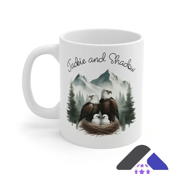 Eagles Family Jackie and Shadow Mountain Nest Mug - close up of the top right corner with cork board