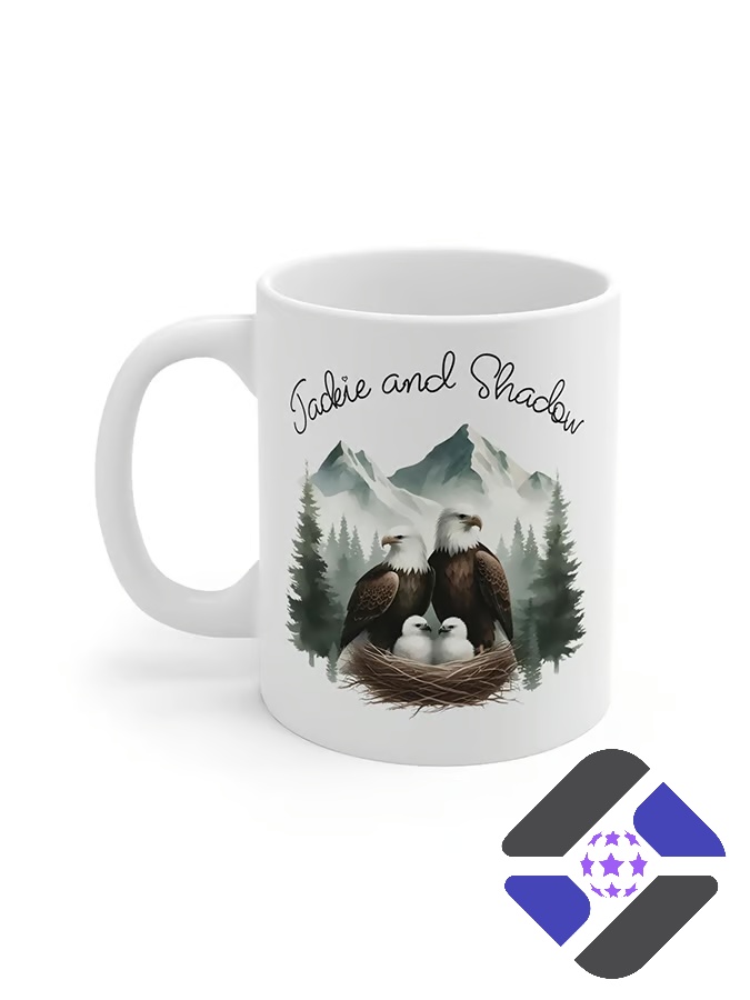 Eagles Family Jackie and Shadow Mountain Nest Mug - close up of the top right corner with cork board