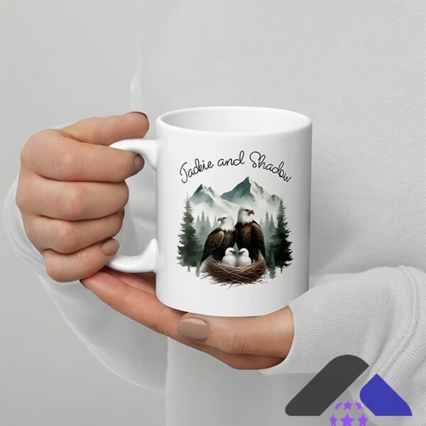 Eagles Family Jackie and Shadow Mountain Nest Mug - close up of the left mug showing the full design