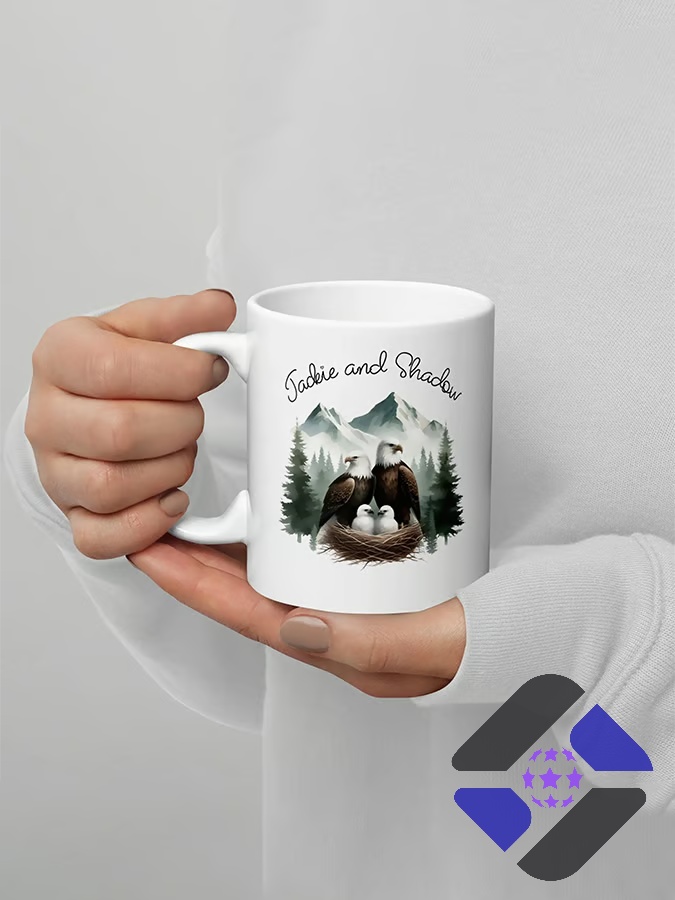 Eagles Family Jackie and Shadow Mountain Nest Mug - close up of the left mug showing the full design