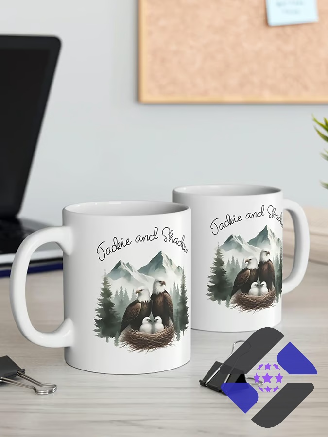 Eagles Family Jackie and Shadow Mountain Nest Mug – Two mugs displayed on a Eagles Family Jackie and Shadow Mountain Nest Mug - two mugs displayed on a light wooden desk