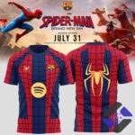 FC Barcelona Spider-Man Brand New Day Web Pattern T-Shirt - front and back view with movie poster background