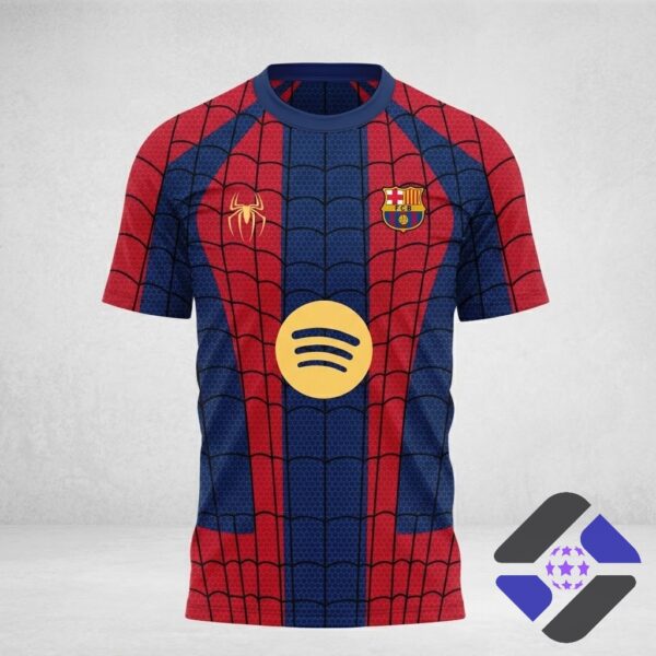 FC Barcelona Spider-Man Brand New Day Web Pattern T-Shirt - detail of Spider-Man character and movie title