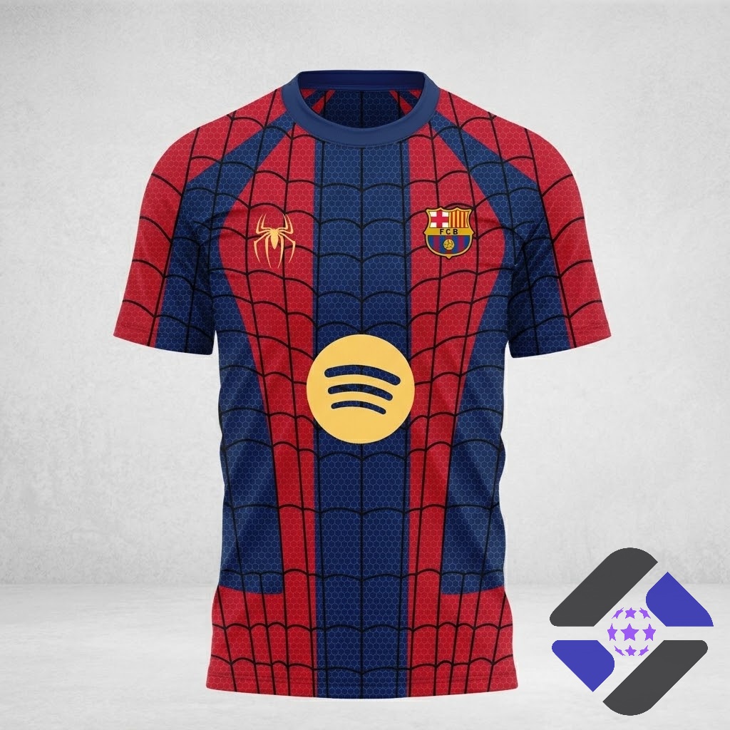 FC Barcelona Spider-Man Brand New Day Web Pattern T-Shirt - detail of Spider-Man character and movie title