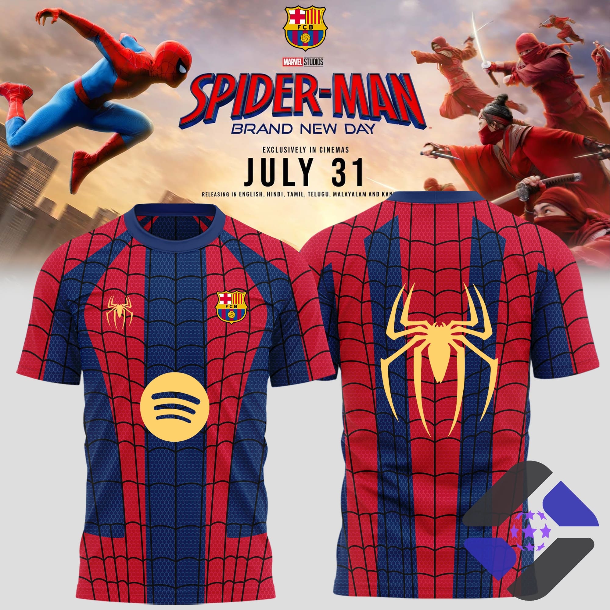 FC Barcelona Spider-Man Brand New Day Custom Jersey – Front and back view with FC Barcelona Spider-Man Brand New Day Web Pattern T-Shirt - front and back view with movie poster background