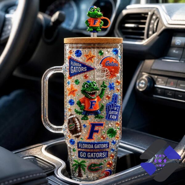 Florida Gators 2026 40oz Tumbler With Handle - top section with mascot and plant