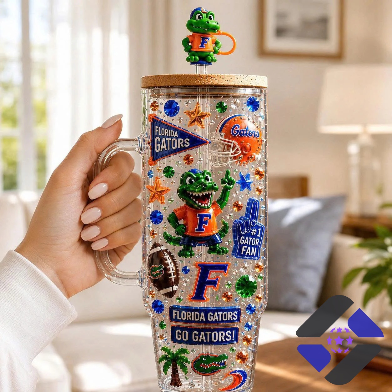 Florida Gators 2026 40oz Tumbler With Handle - upper details, mascot, and framed sign