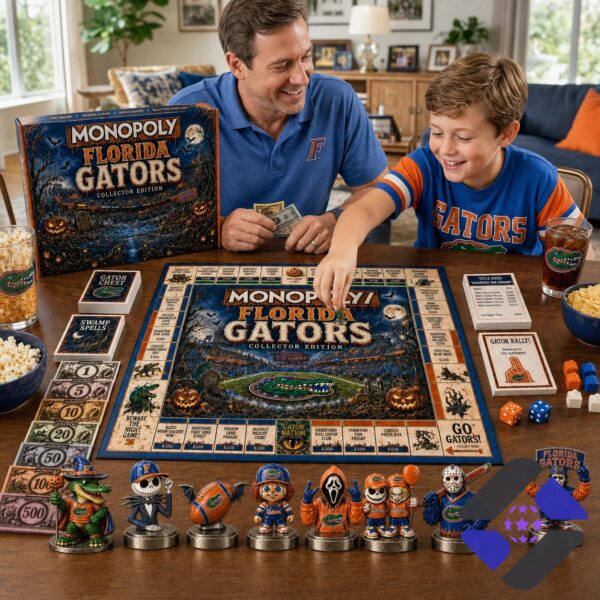Florida Gators Halloween Monopoly Board Game - game board, box, and blue cap