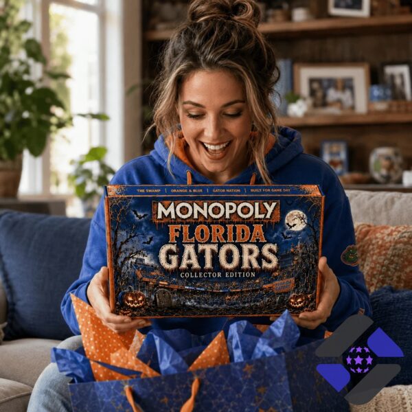 Florida Gators Halloween Monopoly Board Game - game box, lantern, football, and stadium replica