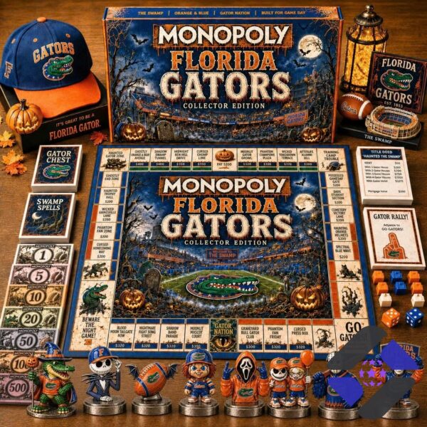 Florida Gators Halloween Monopoly Board Game - full set display with cap and accessories
