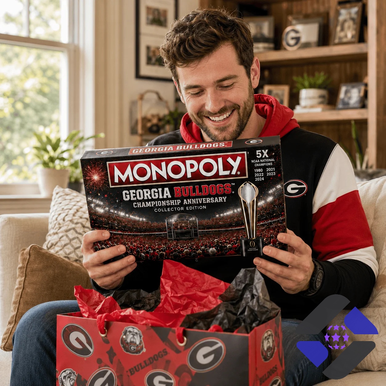 Georgia Bulldogs Monopoly Board Game - top left with Go Dawgs sign and property cards