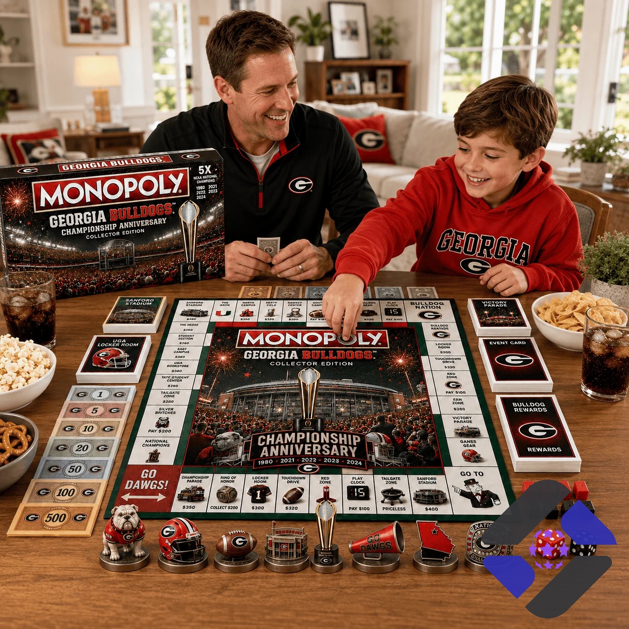 Georgia Bulldogs Monopoly Board Game - top right with Between the Hedges sign and game box