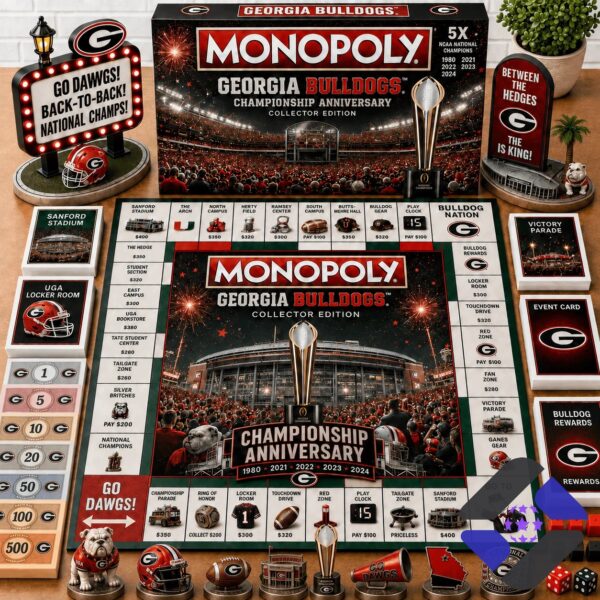 Georgia Bulldogs Championship Anniversary Monopoly Board Game - full set on wooden surface