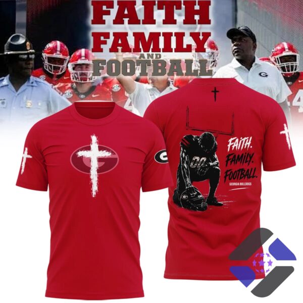 Georgia Bulldogs Faith Family Football T-Shirt - front view with team background