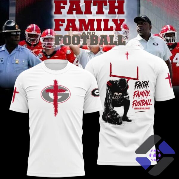 Georgia Bulldogs Faith Family Football T-Shirt - back view with team background