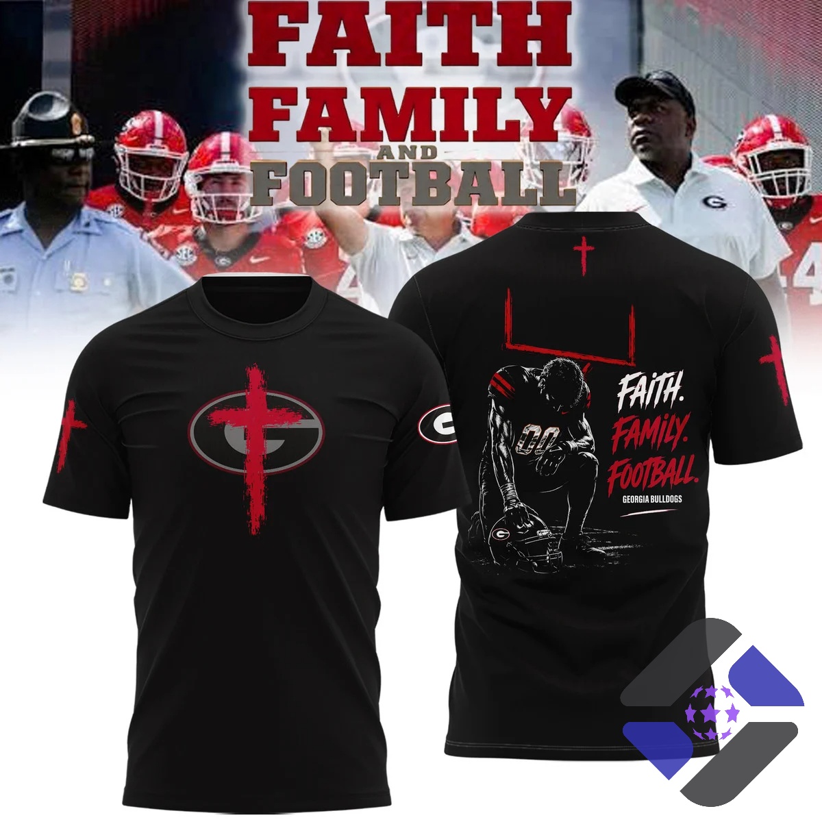 Georgia Bulldogs Faith Family Football T-Shirt - front and back view with team background