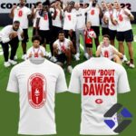 Georgia Bulldogs Skull Olympics How Bout Them Dawgs T-Shirt - front and back views with players background