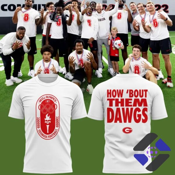 Georgia Bulldogs Skull Olympics How Bout Them Dawgs T-Shirt - front and back views with players background