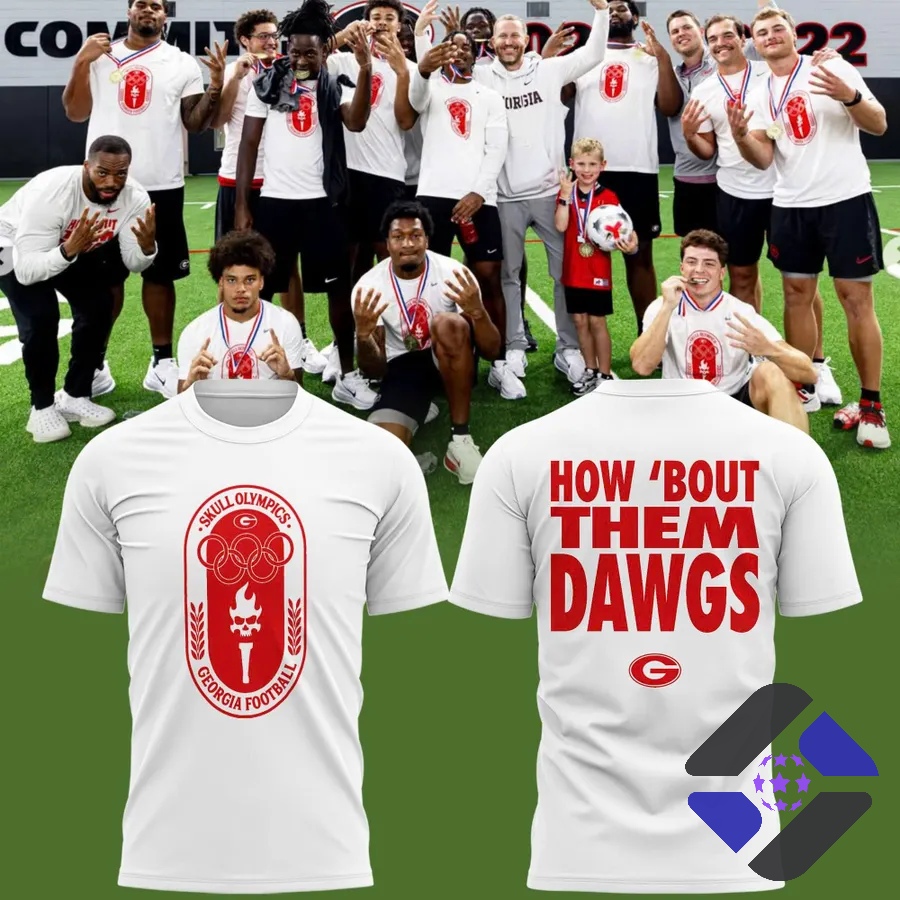 Georgia Bulldogs Skull Olympics How Bout Them Dawgs T-Shirt - front and back views with players background