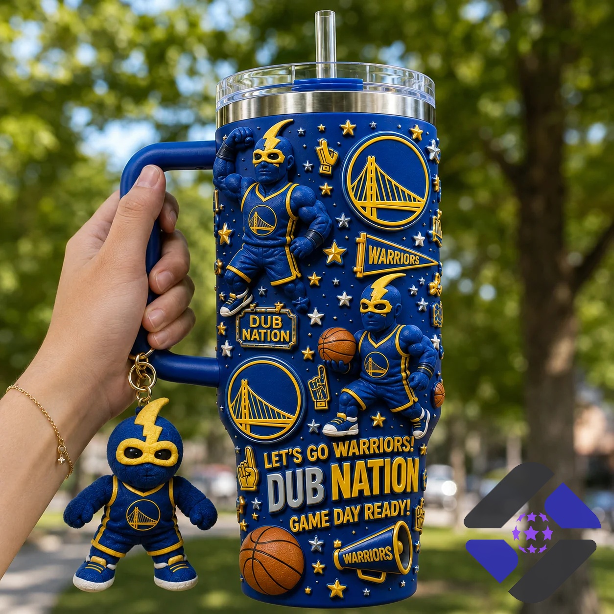 Golden State Warriors Dub Nation Tumbler - close-up of handle and upper design