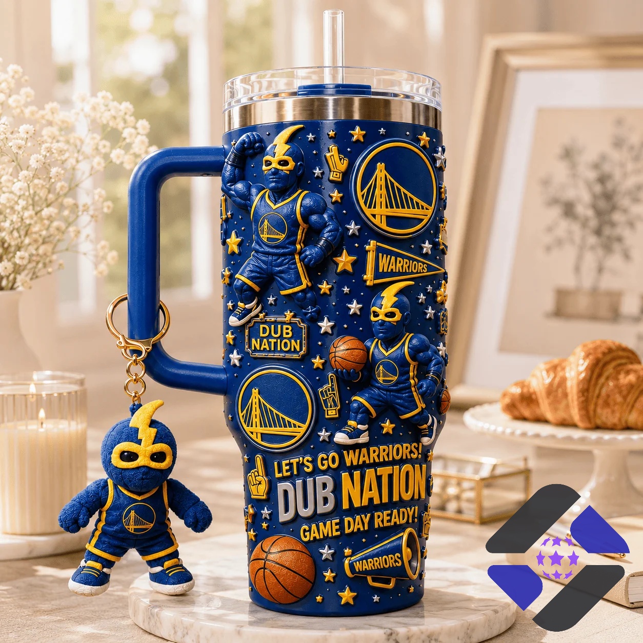 Golden State Warriors Tumbler - close-up showing Golden Gate Bridge logo and stars