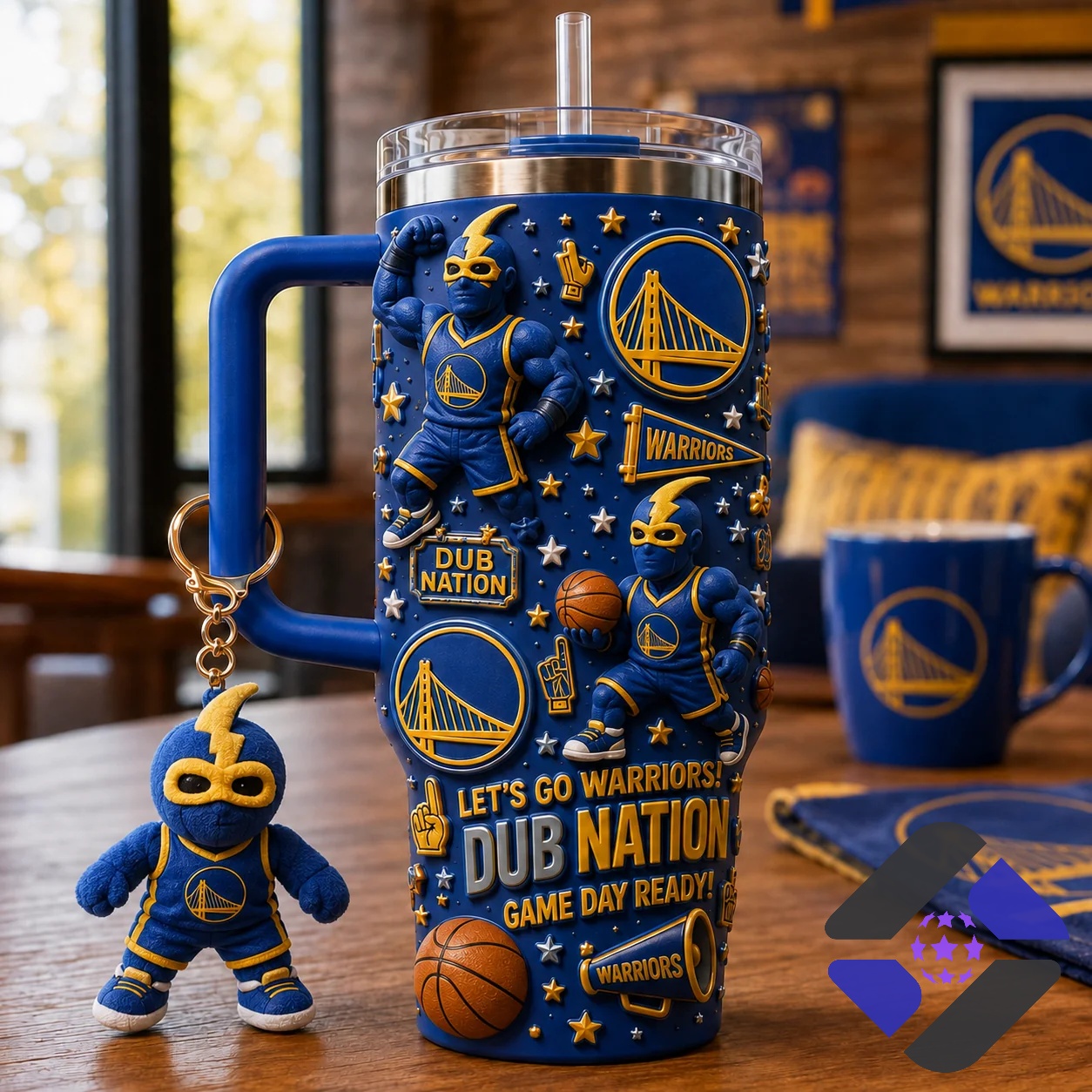 Golden State Warriors Dub Nation Tumbler With Plush Toy - full view with plush keychain