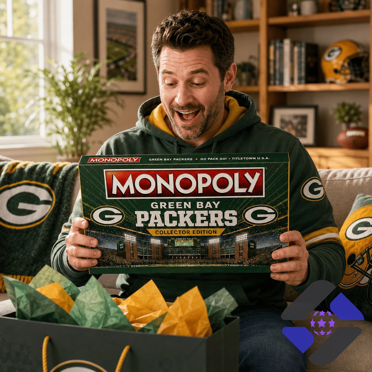 Green Bay Packers 2026 Monopoly Board Game - close up of game board and box