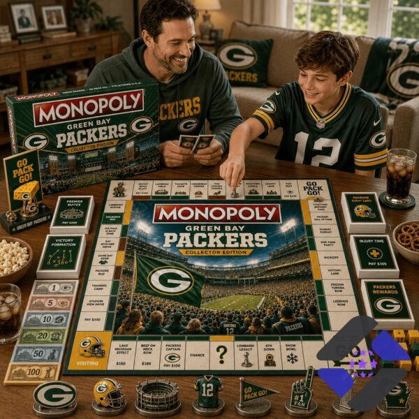 Green Bay Packers 2026 Monopoly Board Game - detailed view of game money and pieces