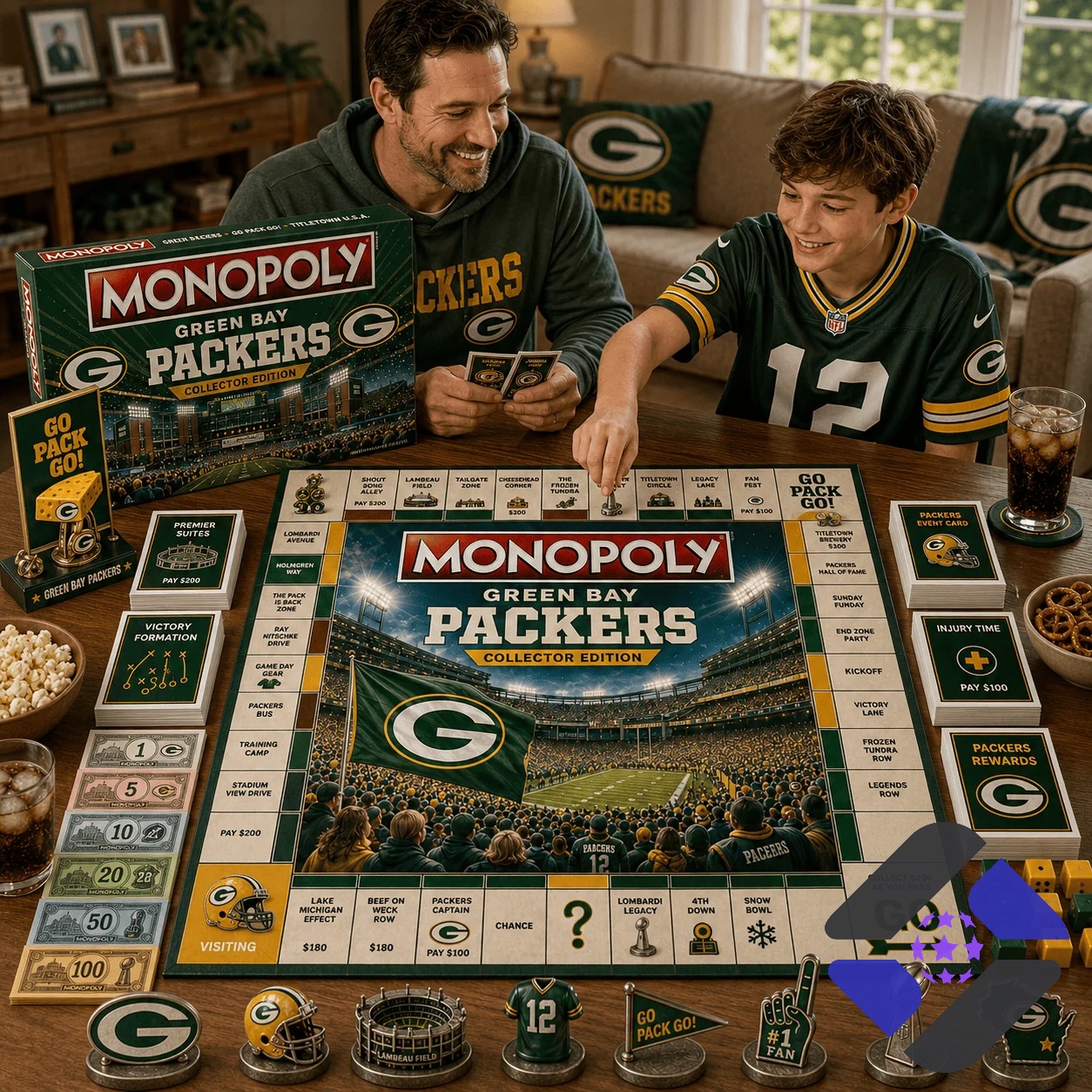 Green Bay Packers 2026 Monopoly Board Game - detailed view of game money and pieces