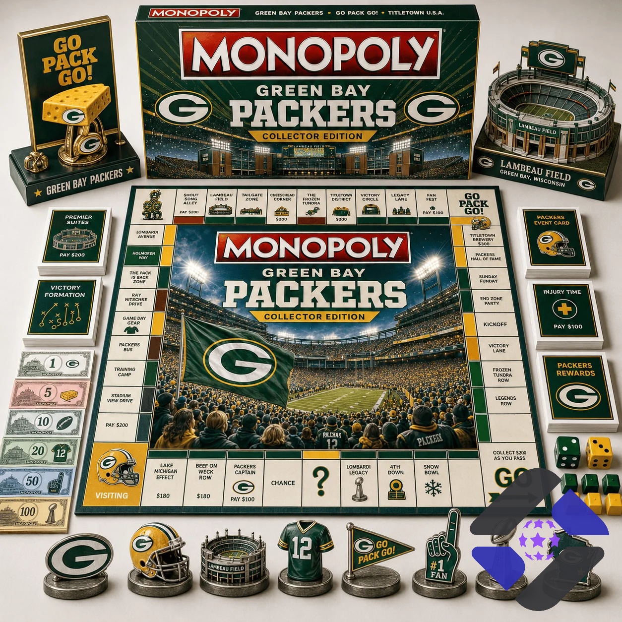Green Bay Packers 2026 Monopoly Board Game - overall view of game components