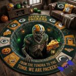 Green Bay Packers Halloween Quilted Round Rug - overall view in a festive room setting