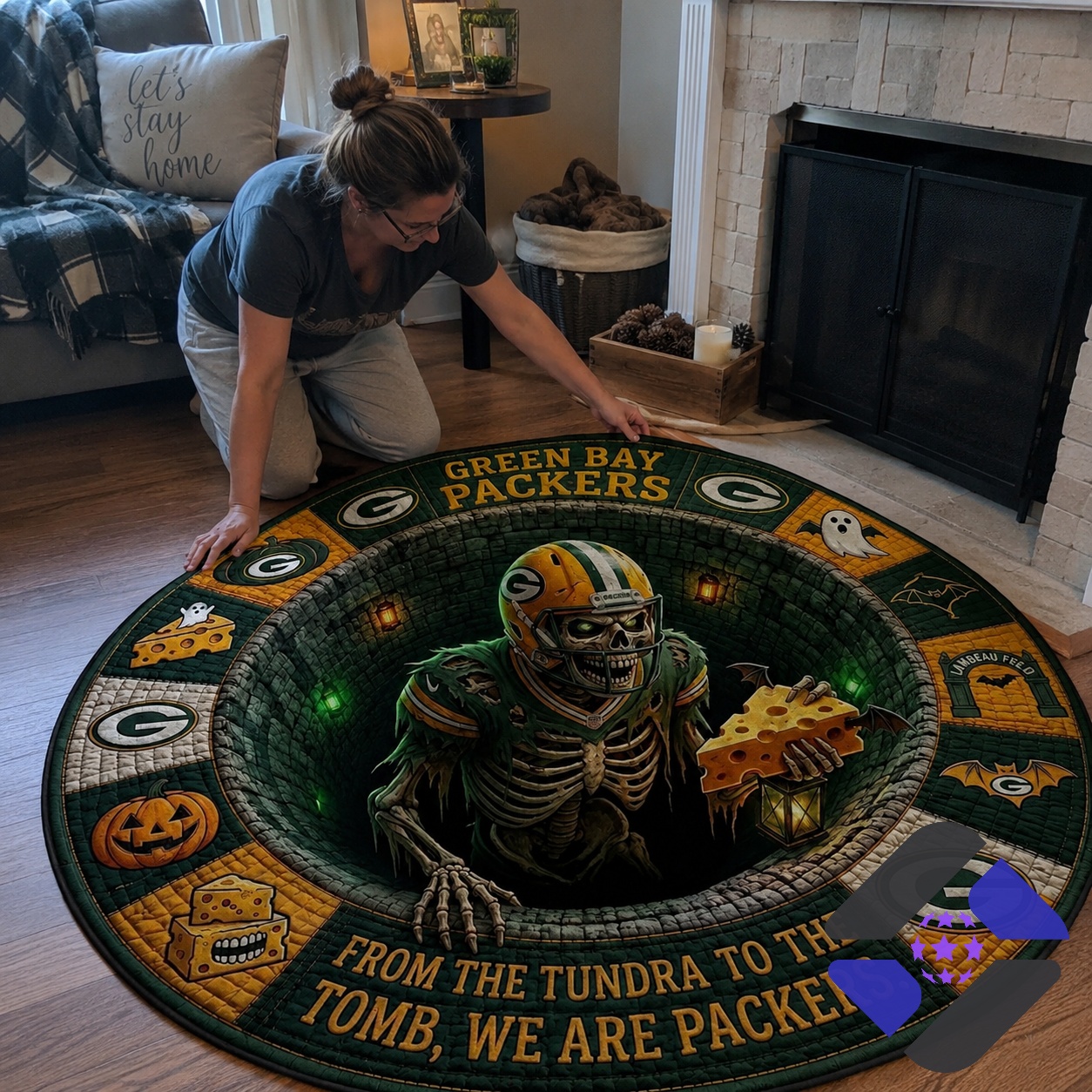 Green Bay Packers Halloween Quilted Round Rug - close-up on the skeleton and top section