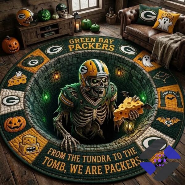 Green Bay Packers Halloween Quilted Round Rug - overall view in a festive room setting