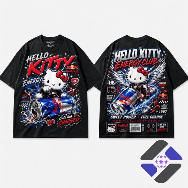 Hello Kitty Red Bull Energy Club Sweet Power Full Charge T-Shirt - close-up of the front design