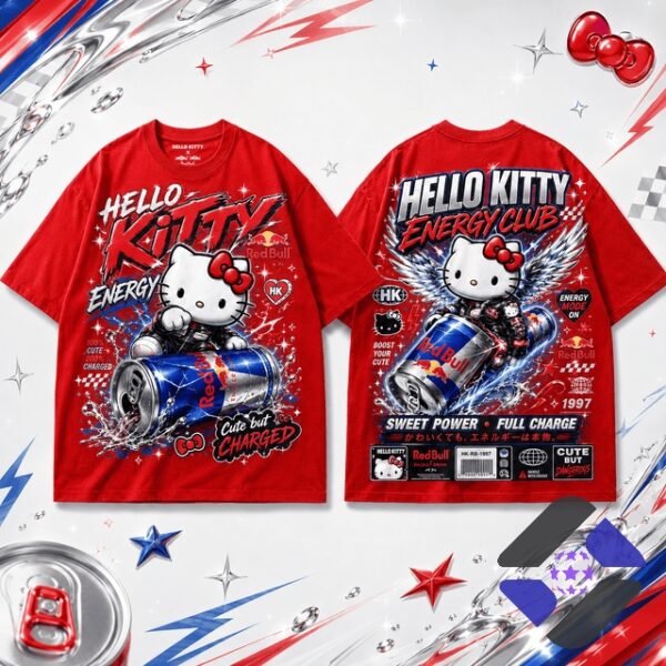 Hello Kitty Red Bull Energy Club Sweet Power Full Charge T-Shirt - close-up of the back design