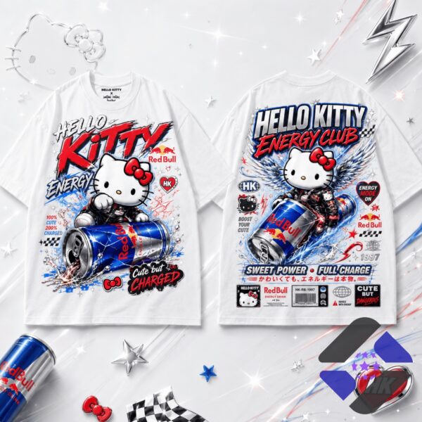 Hello Kitty Red Bull Energy Club Sweet Power Full Charge T-Shirt - front and back display