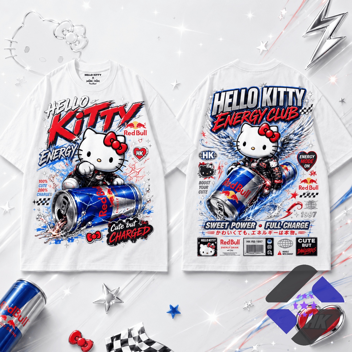 Hello Kitty Red Bull Energy Club Sweet Power Full Charge T-Shirt - front and back display