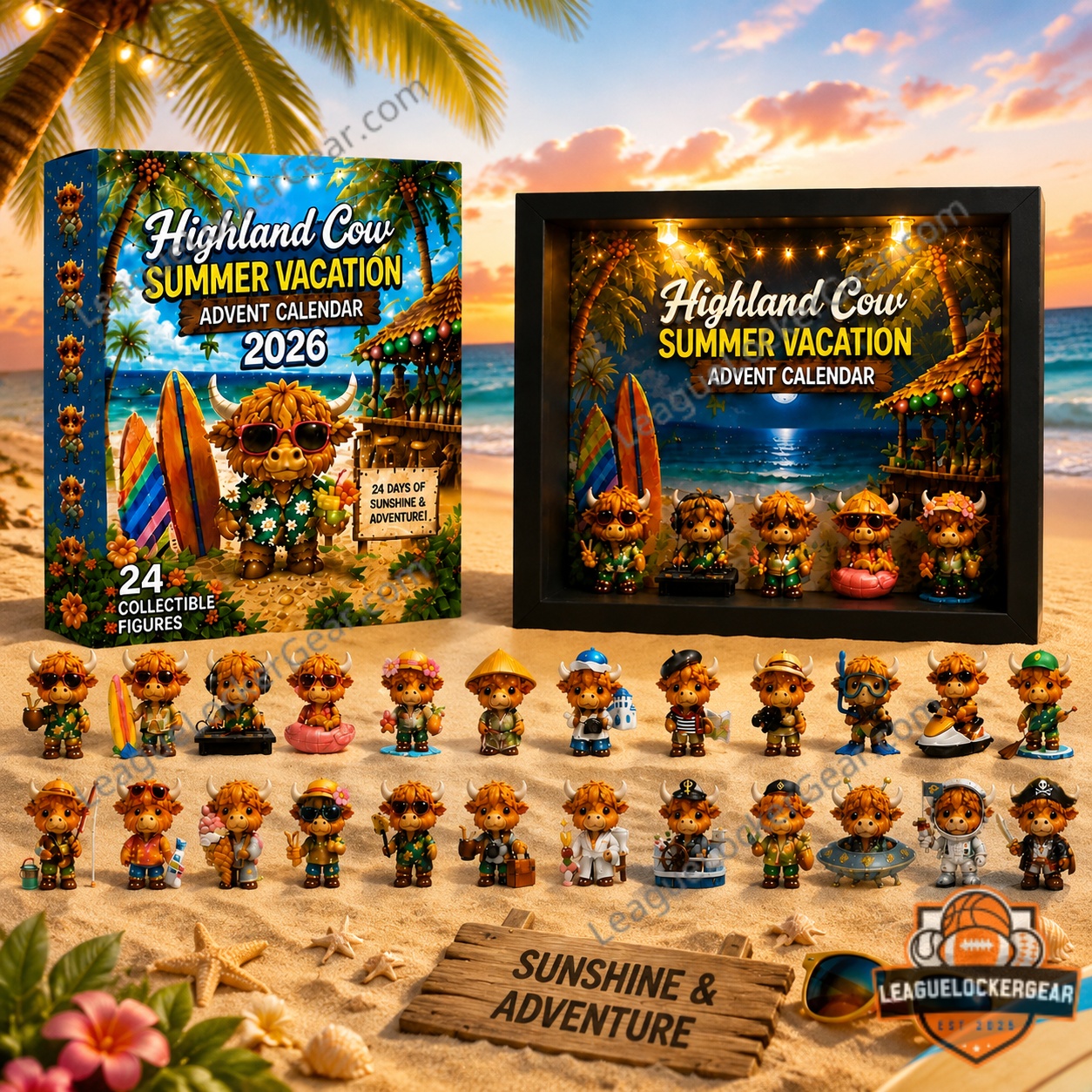 Highland Cow Summer Vacation Advent Calendar lighted display with five figures