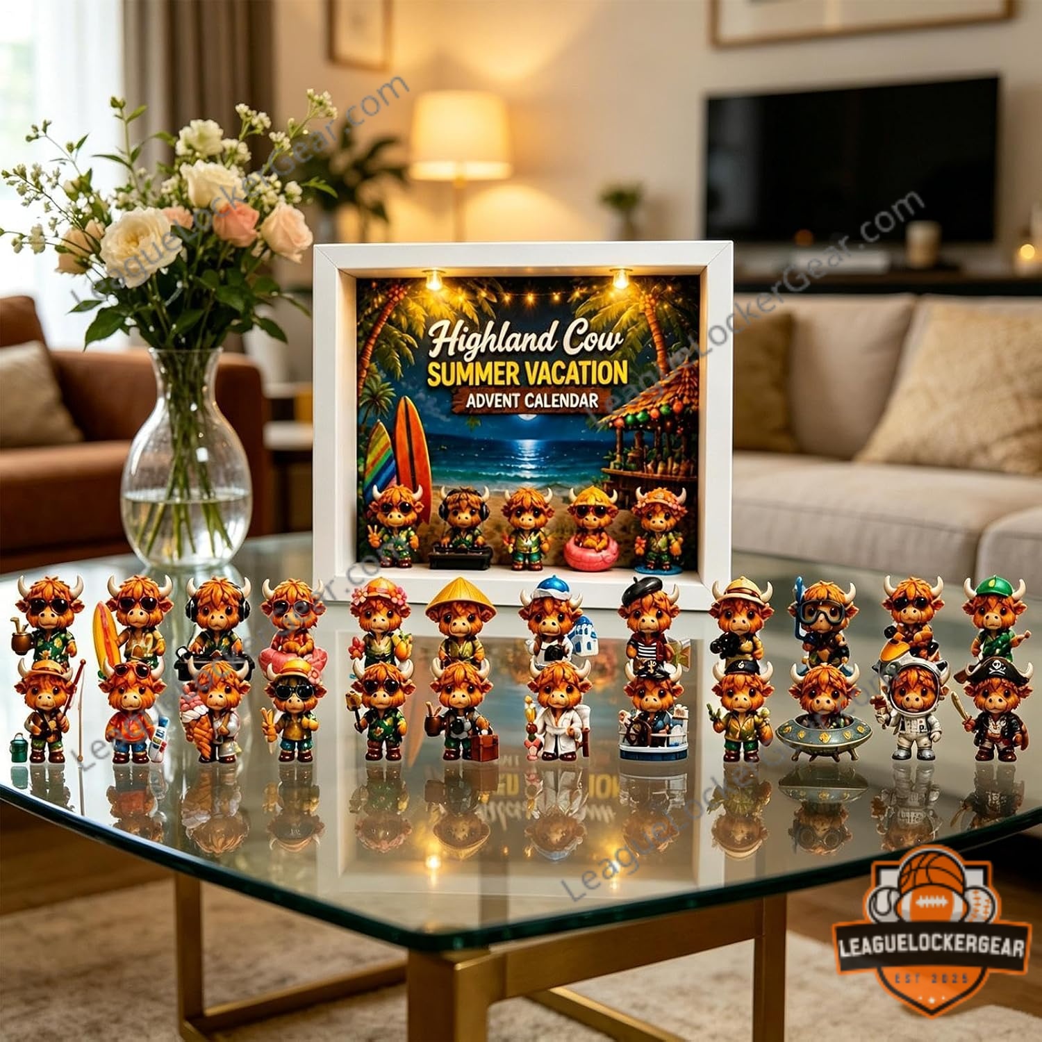 Highland Cow Summer Vacation Advent Calendar display and second row of figures