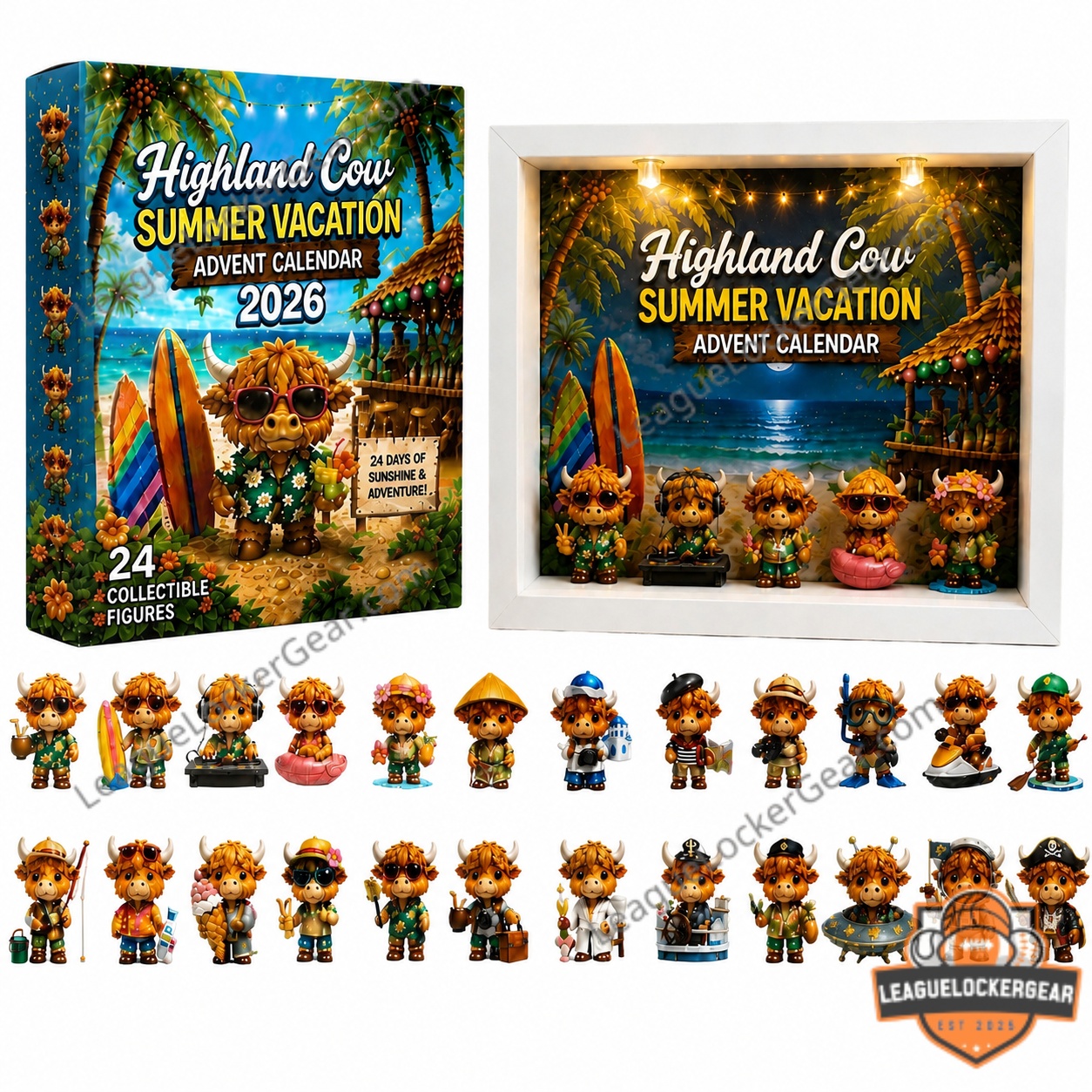 Highland Cow Summer Vacation Advent Calendar 2026 – Photo 1 Highland Cow Summer Vacation Advent Calendar 2026 with box, display, and all figures