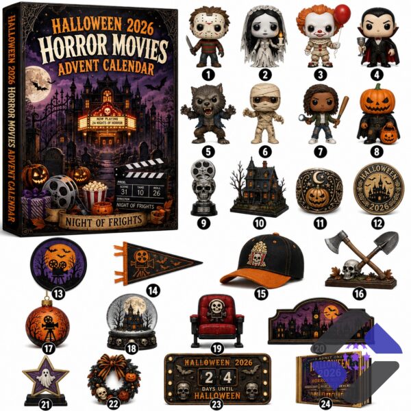 Horror Movies Halloween 2026 Advent Calendar - box with figures and skull trophy