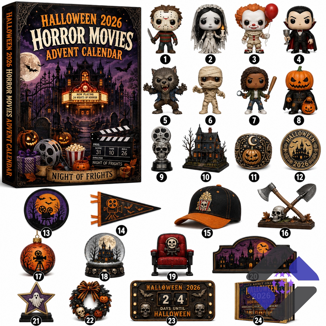 Horror Movies Halloween 2026 Advent Calendar - box with figures and skull trophy