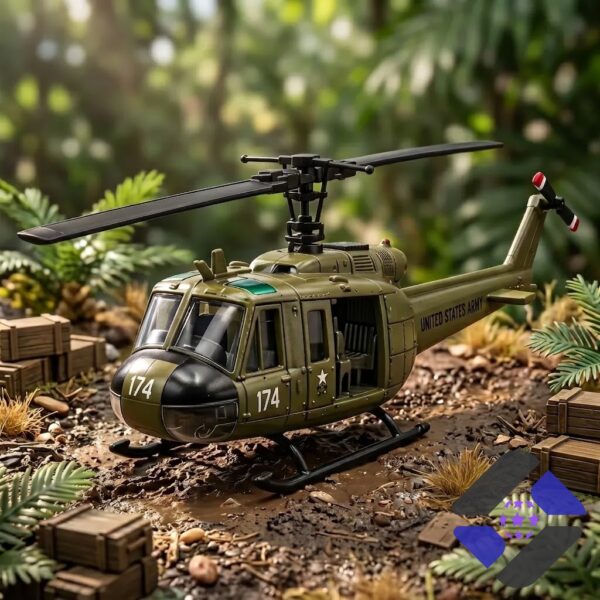Hot Wheels Bell UH-1 Huey Vietnam Veteran Die-Cast Helicopter Toy - with globe and books in background