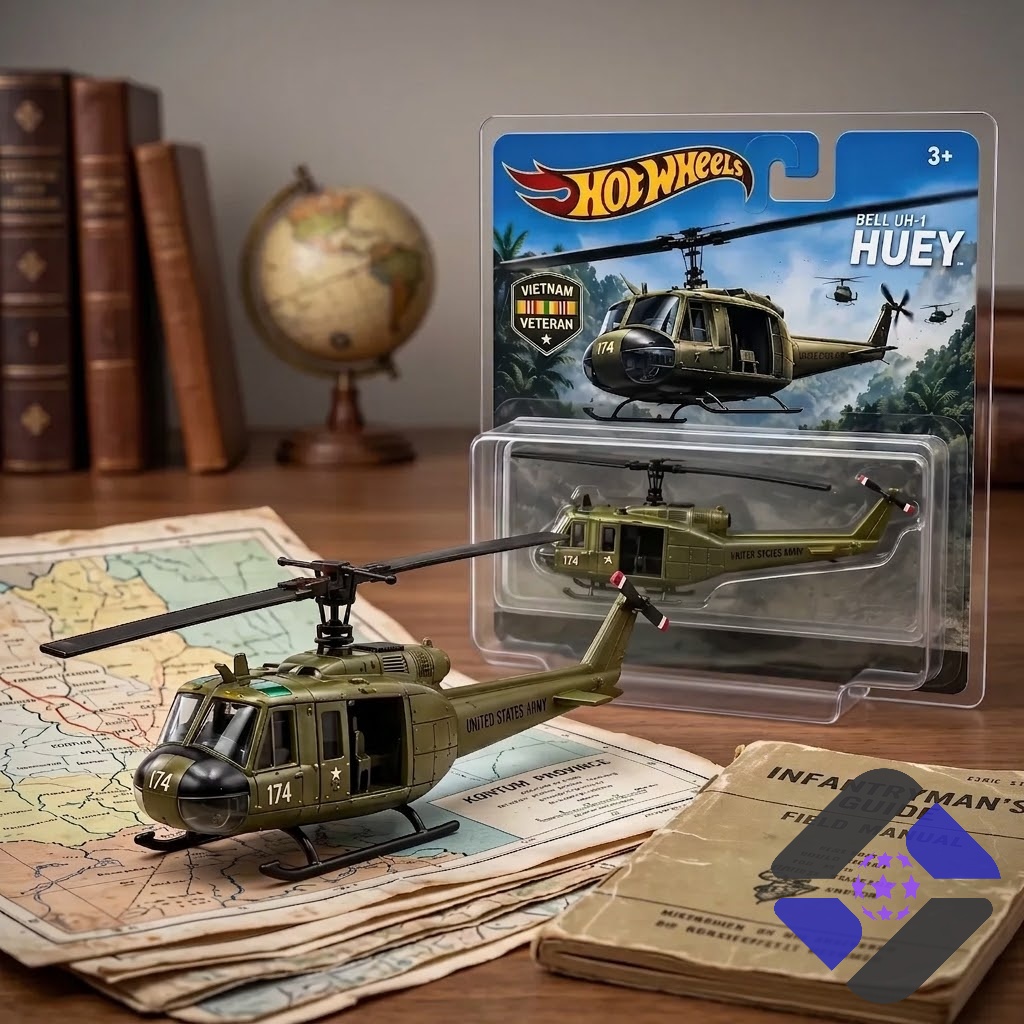 Hot Wheels Bell UH-1 Huey Vietnam Veteran Die-Cast Helicopter Toy - displayed with map and field manual