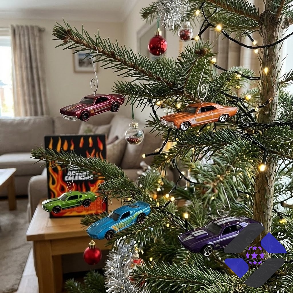 Hot Wheels Muscle Car 2026 Advent Calendar - arrangement of various toy cars on mantel