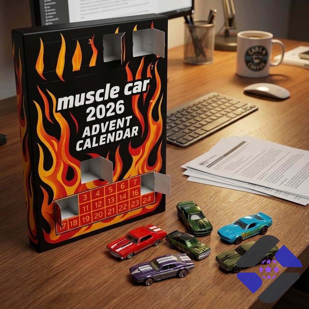 Hot Wheels Muscle Car 2026 Advent Calendar - calendar with numbered days and toy cars