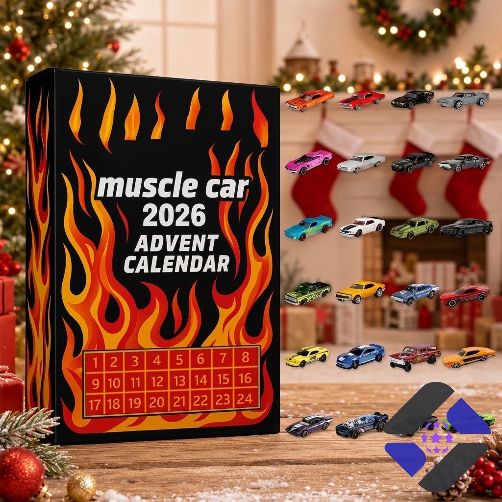 Hot Wheels Muscle Car 2026 Advent Calendar – Full product view with assorted Hot Wheels Muscle Car 2026 Advent Calendar - full product view with assorted toy cars