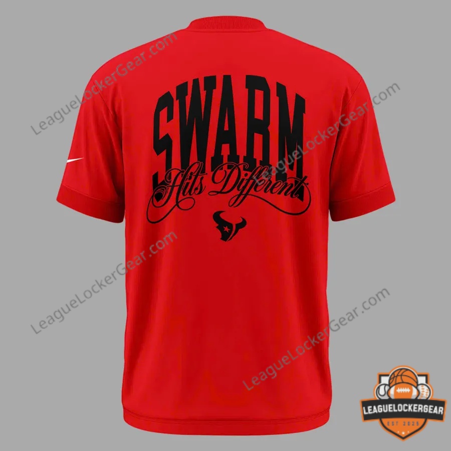 Houston Texans SWARM Hits Different T-Shirt - back view on person and flat lay