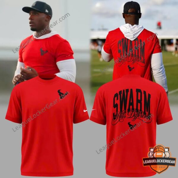 Houston Texans SWARM Hits Different T-Shirt - full product display with person and mockups